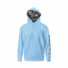 Load image into Gallery viewer, LIGHT BLUE HOODIE/BLACK 1111 - 1111 Angel Number Hoodie from Angel Numbers Merch Official, representing synchronicity & spiritual alignment.
Front View with graffit design in hood liner.