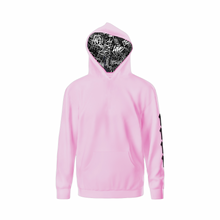 Load image into Gallery viewer, LIGHT PINK HOODIE/BLACK 1111 Angel Number Hoodie from Angel Numbers Merch Official, representing synchronicity & spiritual alignment. Front View With Graffiti Inside Hoodie
