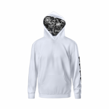 Load image into Gallery viewer, 1111 White Angel Number Hoodie from Angel Numbers Merch Official, representing synchronicity & spiritual alignment. Front View with hoodie up with graffiti design in hoodie liner