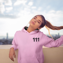 Load image into Gallery viewer, 111 Light Pink Hoodie Angel Number design from Angel Numbers Merch Official, symbolizing new beginnings & manifestation