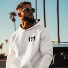 Load image into Gallery viewer, WHITE HOODIE/111 IN BLACK - hoodie with 111 Angel Number design from Angel Numbers Merch Official, symbolizing new beginnings & manifestation.