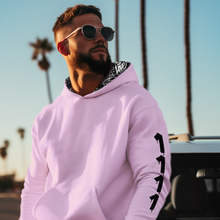 Load image into Gallery viewer, LIGHT PINK HOODIE/BLACK 1111 Angel Number Hoodie from Angel Numbers Merch Official, representing synchronicity & spiritual alignment.