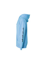 Load image into Gallery viewer, LIGHT BLUE HOODIE/BLACK 1111 - 1111 Angel Number Hoodie from Angel Numbers Merch Official, representing synchronicity & spiritual alignment.
Side View