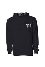 Load image into Gallery viewer, Black hoodie with 111 Angel Number design from Angel Numbers Merch Official, symbolizing new beginnings & manifestation. Front View Hoodie Down