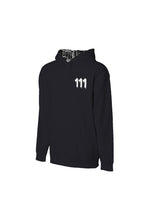 Load image into Gallery viewer, Black hoodie with 111 Angel Number design from Angel Numbers Merch Official, symbolizing new beginnings & manifestation. Angel View Front