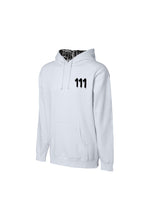 Load image into Gallery viewer, WHITE HOODIE/111 IN BLACK - hoodie with 111 Angel Number design from Angel Numbers Merch Official, symbolizing new beginnings & manifestation. Side View