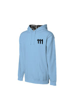 Load image into Gallery viewer, BLUE AQUA HOODIE/111 IN BLACK Angel Number design from Angel Numbers Merch Official, symbolizing new beginnings & manifestation.