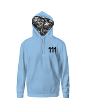 Load image into Gallery viewer, BLUE AQUA HOODIE/111 IN BLACK Angel Number design from Angel Numbers Merch Official, symbolizing new beginnings & manifestation.