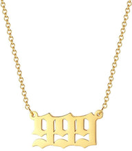 Load image into Gallery viewer, Gold 999 Angel Number Necklace from Angel Numbers Merch Official, symbolizing endings, new cycles, and personal transformation.