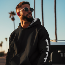 Load image into Gallery viewer, 1111  Black Angel Number Hoodie from Angel Numbers Merch Official, representing synchronicity &amp; spiritual alignment.
