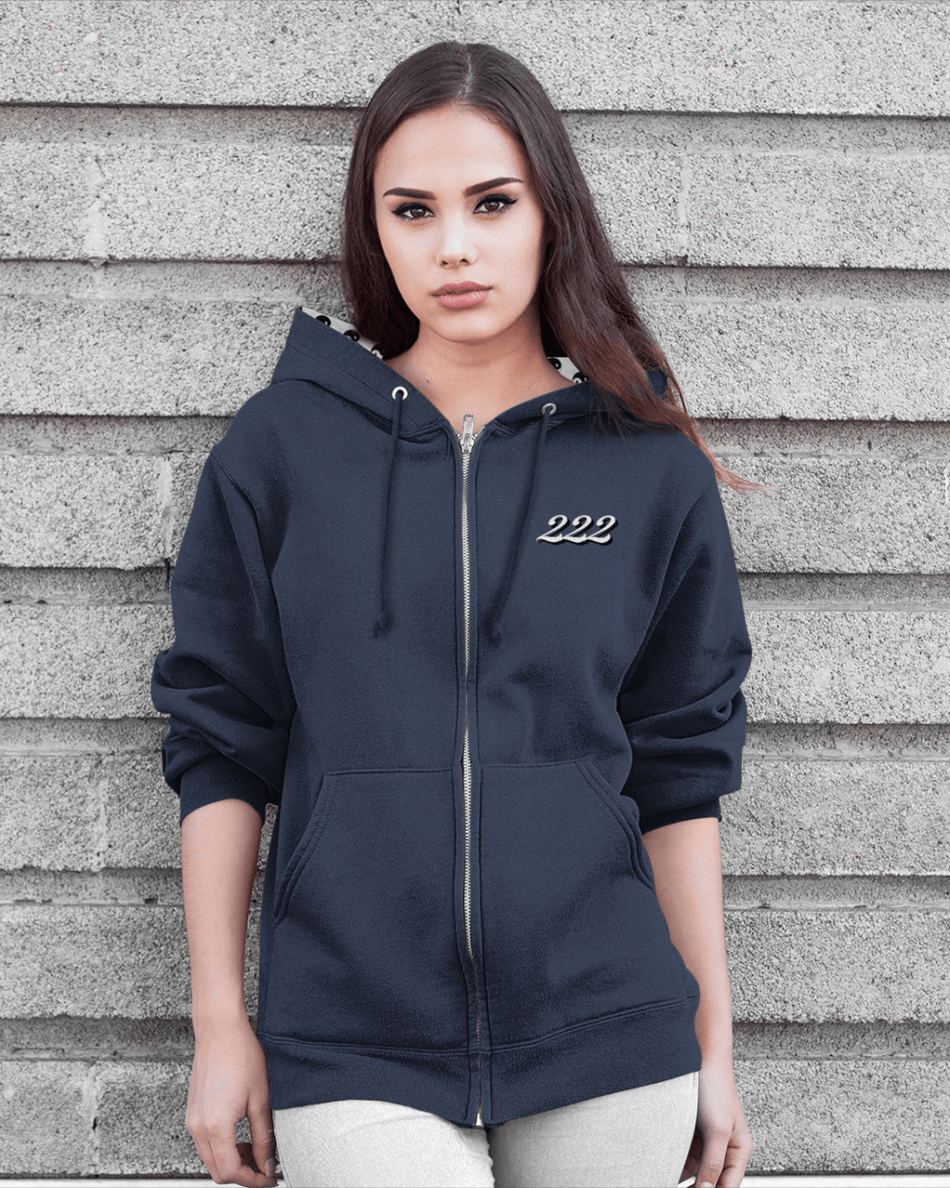 222 / Navy Blue Unisex Angel Number Hoodie from Angel Numbers Merch Official, representing balance & trust in the universe.