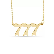 Load image into Gallery viewer,  Gold 777 Angel Number Necklace from Angel Numbers Merch Official, symbolizing luck, divine knowledge, and spiritual awakening.
