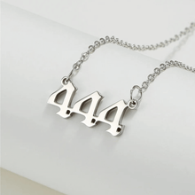 Load image into Gallery viewer,  Silver 444 Angel Number Necklace from Angel Numbers Merch Official, symbolizing divine protection and guidance.

