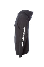 Load image into Gallery viewer, 1111  Black Angel Number Hoodie from Angel Numbers Merch Official, representing synchronicity &amp; spiritual alignment. Side View
