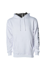 Load image into Gallery viewer, 1111  White Angel Number Hoodie from Angel Numbers Merch Official, representing synchronicity &amp; spiritual alignment. Front View Hood Down
