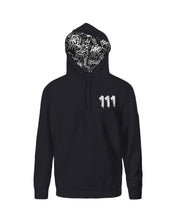 Load image into Gallery viewer, Black hoodie with 111 Angel Number design from Angel Numbers Merch Official, symbolizing new beginnings &amp; manifestation. Front View Hoodie Up
