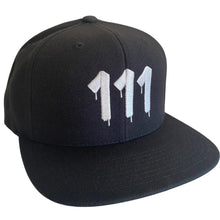 Load image into Gallery viewer,  Black hat featuring embroidered 111 Angel Number from Angel Numbers Merch Official. Symbolizes new beginnings &amp; alignment
