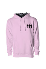 Load image into Gallery viewer, LIGHT PINK HOODIE/111 IN BLACK - 111 Light Pink Hoodie Angel Number design from Angel Numbers Merch Official, symbolizing new beginnings &amp; manifestation
