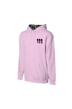 Load image into Gallery viewer, LIGHT PINK HOODIE/111 IN BLACK - 111 Light Pink Hoodie Angel Number design from Angel Numbers Merch Official, symbolizing new beginnings &amp; manifestation
