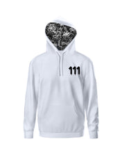 Load image into Gallery viewer, WHITE HOODIE/111 IN BLACK -  hoodie with 111 Angel Number design from Angel Numbers Merch Official, symbolizing new beginnings &amp; manifestation. Front View Mock Up

