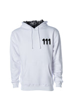 Load image into Gallery viewer, WHITE HOODIE/111 IN BLACK -  hoodie with 111 Angel Number design from Angel Numbers Merch Official, symbolizing new beginnings &amp; manifestation. Front Mock up with hood down

