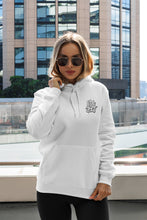 Load image into Gallery viewer,  Girl wearing 444 Angel Number Hoodie from Angel Numbers Merch Official, symbolizing protection &amp; angelic guidance.
