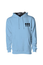 Load image into Gallery viewer, BLUE AQUA HOODIE/111 IN BLACK Angel Number design from Angel Numbers Merch Official, symbolizing new beginnings &amp; manifestation.
