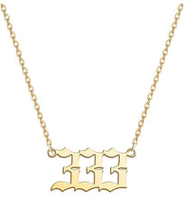 Load image into Gallery viewer,  Gold 333 Angel Number Necklace from Angel Numbers Merch Official, symbolizing creativity, inspiration, and divine guidance.

