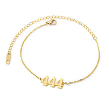 Load image into Gallery viewer,  Gold 444 Angel Number Ankle Bracelet from Angel Numbers Merch Official, representing stability, security, and angelic guidance.

