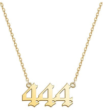 Load image into Gallery viewer,  Gold. 444 Angel Number Necklace from Angel Numbers Merch Official, symbolizing divine protection and guidance.

