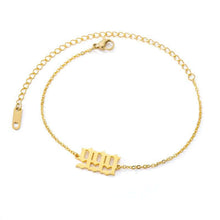 Load image into Gallery viewer,  Gold 999 Angel Number Ankle Bracelet from Angel Numbers Merch Official, representing closure, transition, and spiritual growth.
