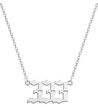 Load image into Gallery viewer,  Silver 333 Angel Number Necklace from Angel Numbers Merch Official, symbolizing creativity, inspiration, and divine guidance.

