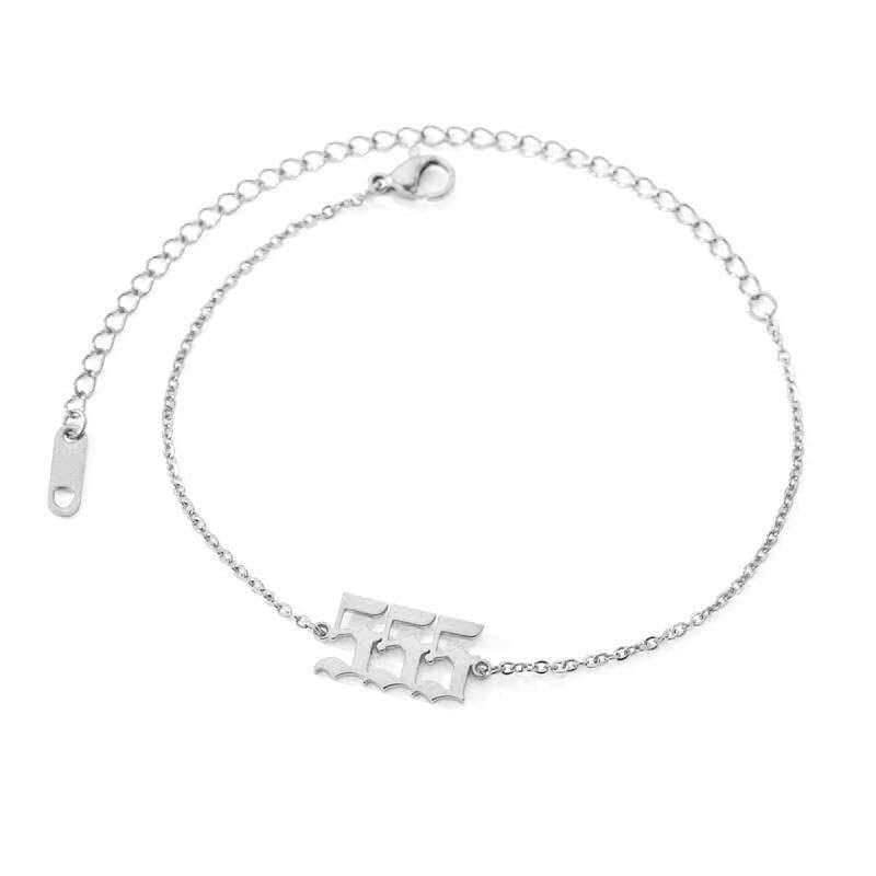  Silver 555 Angel Number Ankle Bracelet from Angel Numbers Merch Official, representing transformation, courage, and embracing change.